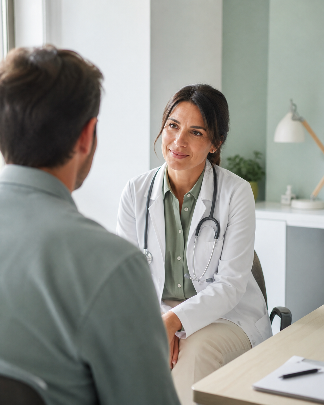 Doctora conversando con un paciente durante una consulta